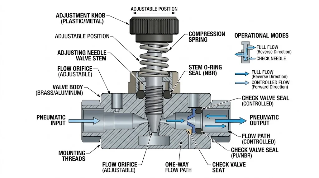 Cấu tạo của van tiết lưu khí nén