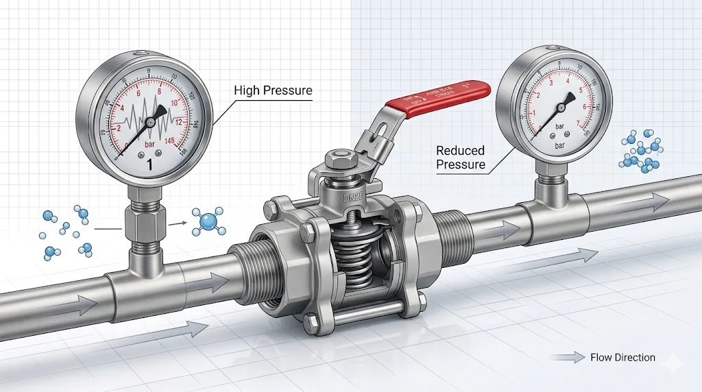 Như hình minh họa, áp suất trước van luôn cao hơn, trong khi sau van đã được giảm xuống mức an toàn và ổn định