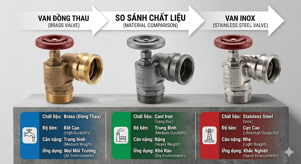 So sánh giữa van góc D50 bằng đồng, bằng gang và van nhập khẩu