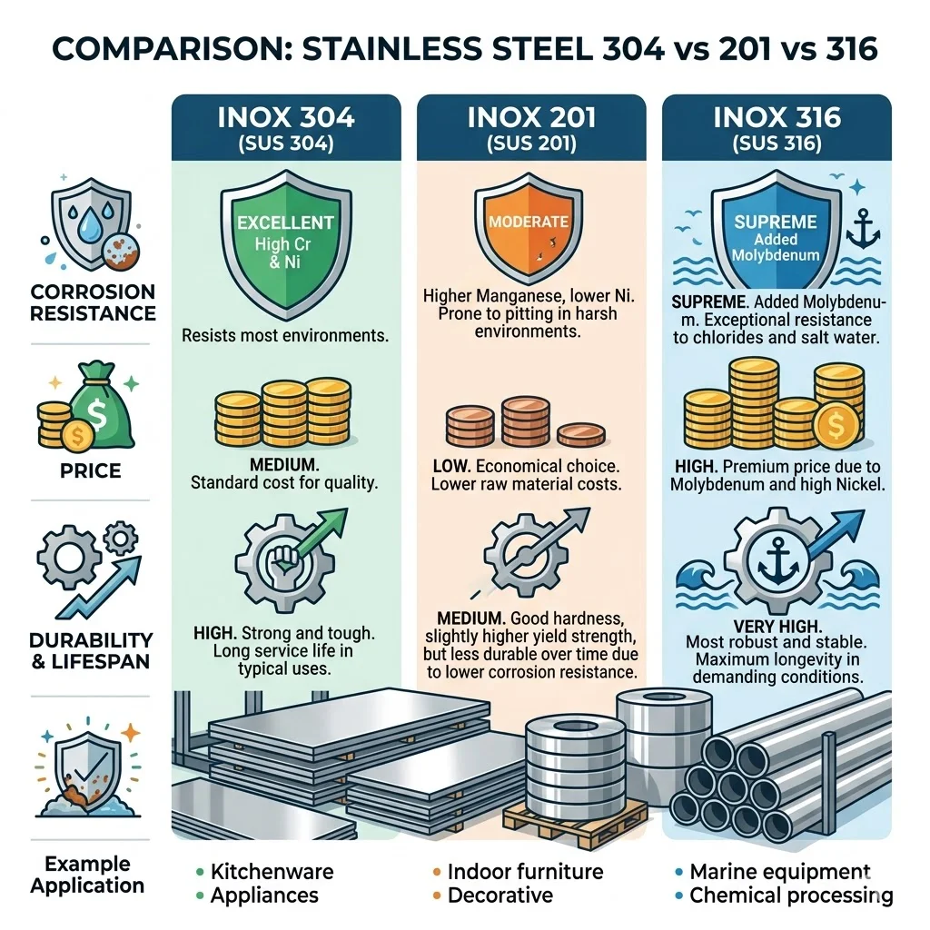 So sánh giá của inox 304, 201, 316