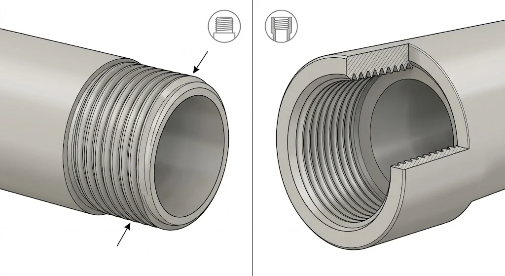 So sánh trực quan giữa van ren ngoài và van ren trong