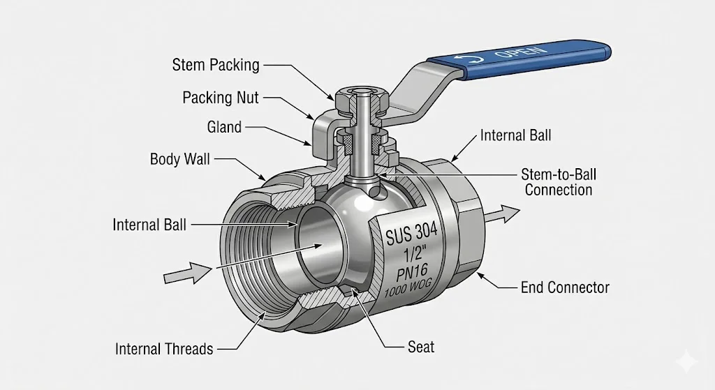 Cấu tạo của van bi inox