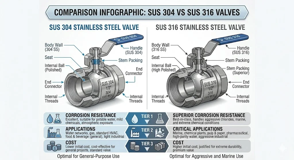 So sánh van bi SUS 304 vs SUS 316