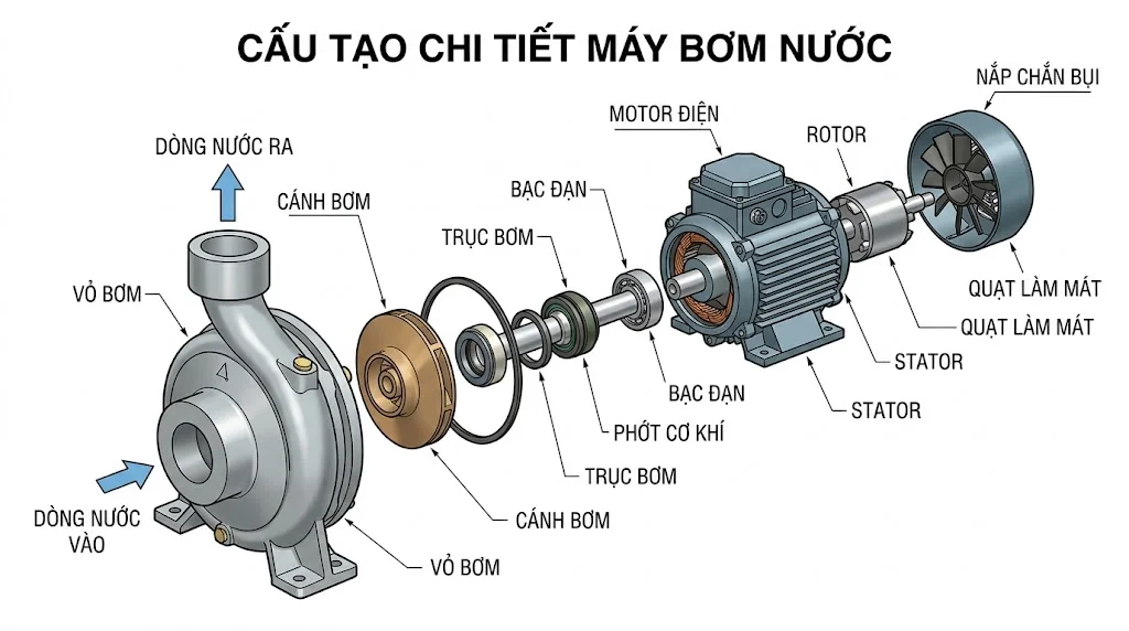 Các linh kiện góp phần trong việc tạo lên máy bơm nước