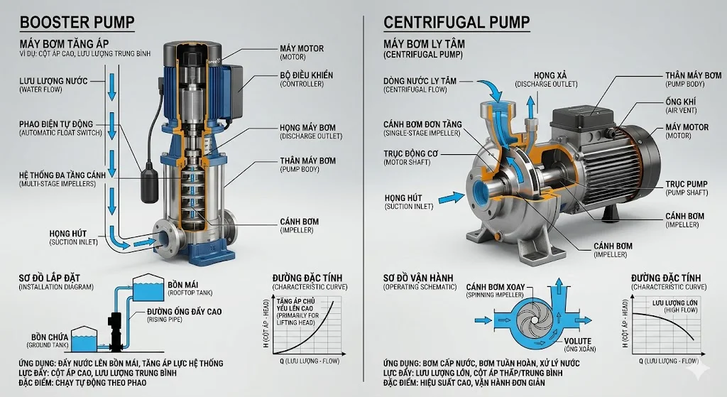 So sánh bơm tăng áp và bơm đẩy cao