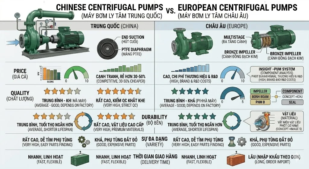So sánh giữa bơm Trung Quốc và bơm Châu Âu