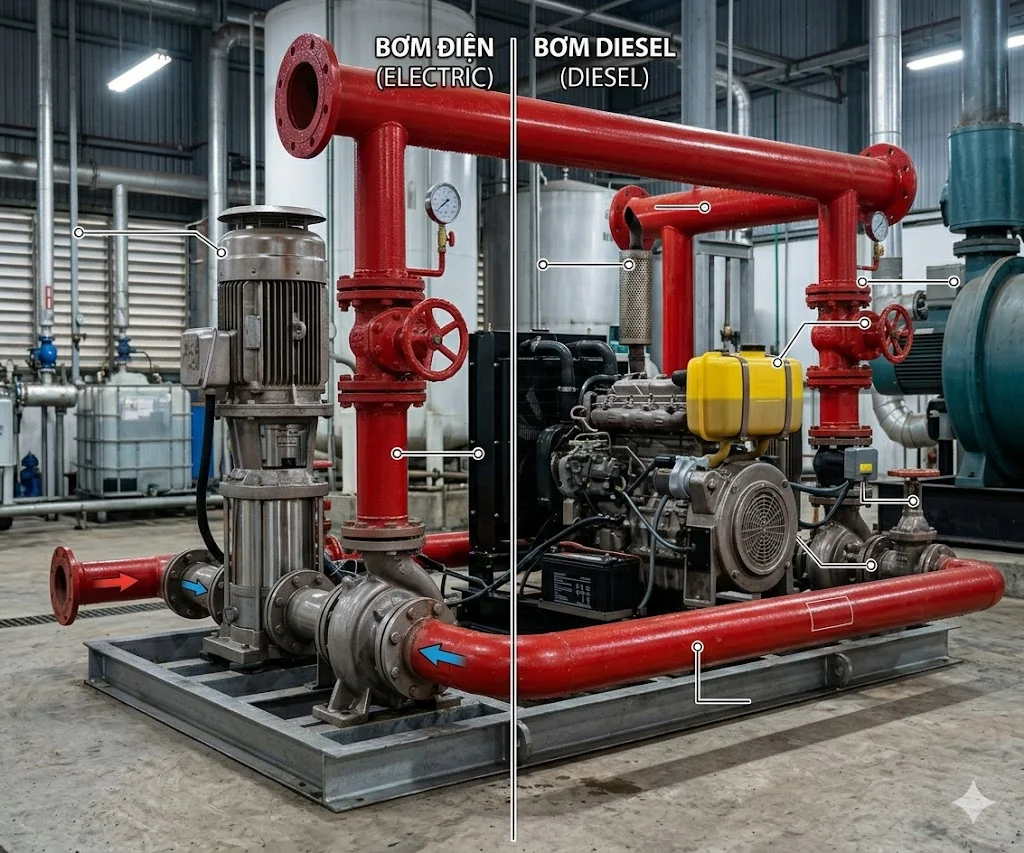 So sánh giữa bơm điện và bơm diesel