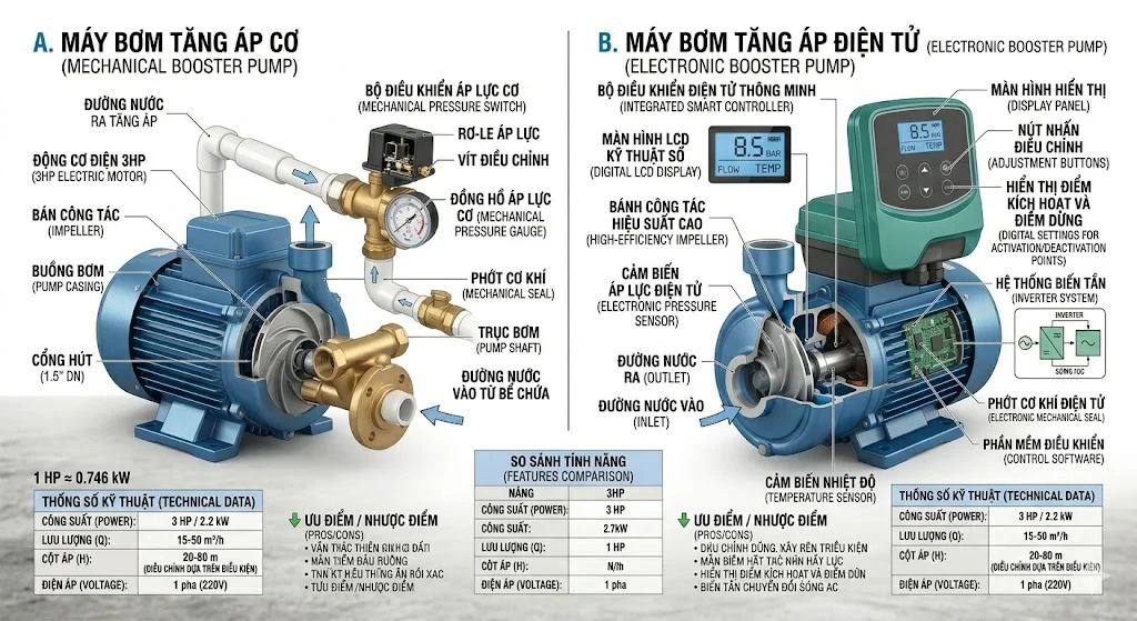 So sánh giữa bơm tăng áp cơ và bơm tăng áp điện tử