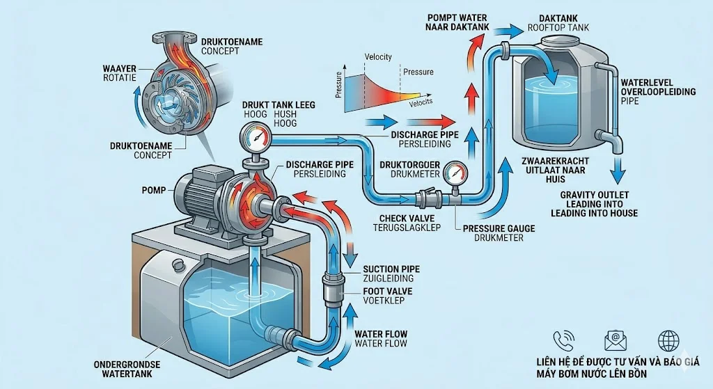 Nguyên lý hoạt động của máy bơm nước lên bồn