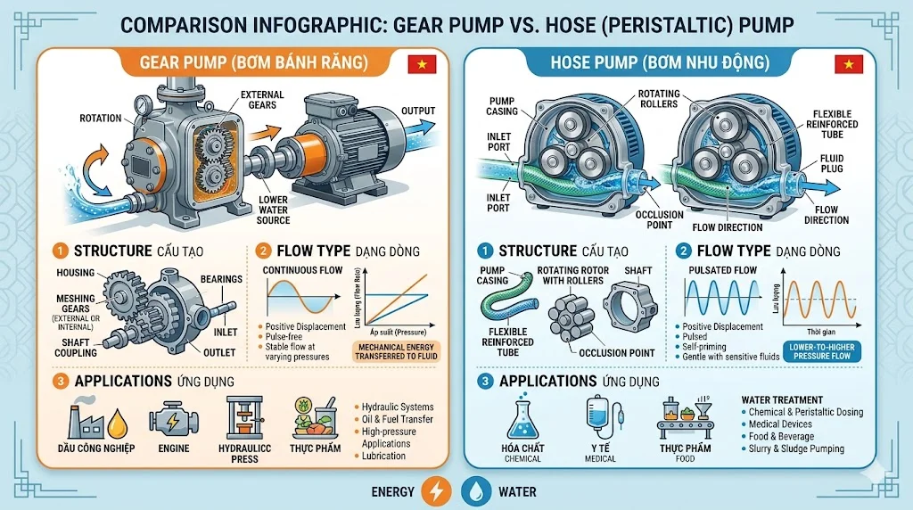 So sánh bơm Gear và bơm Hose