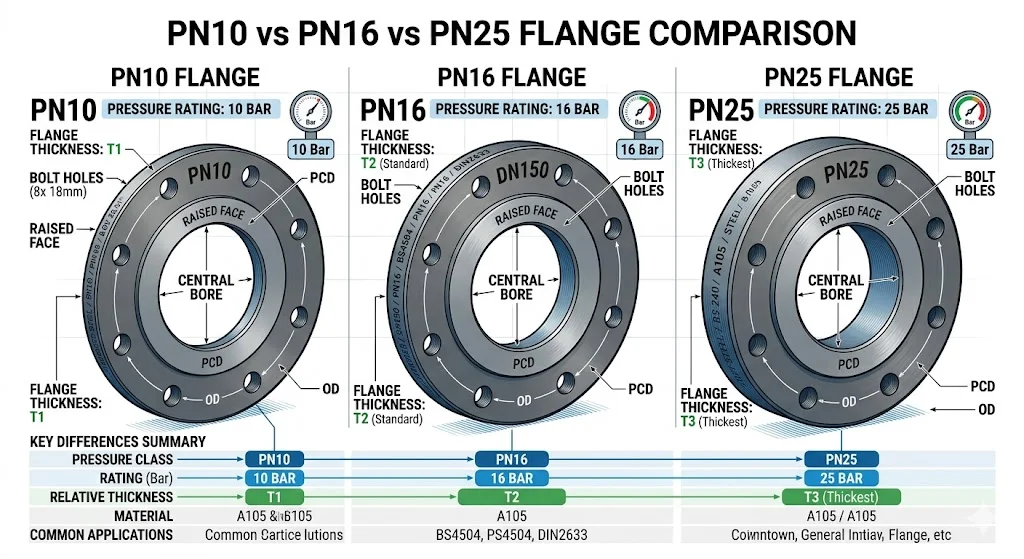 So sánh giữa các mặt bích PN10, PN16, PN25