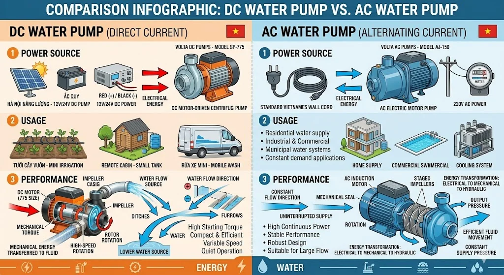 So sánh máy bơm DC và máy bơm AC gia đình