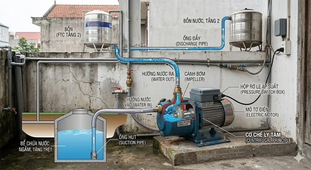 Lắp đặt máy bơm lên tầng 2 trong thực tế