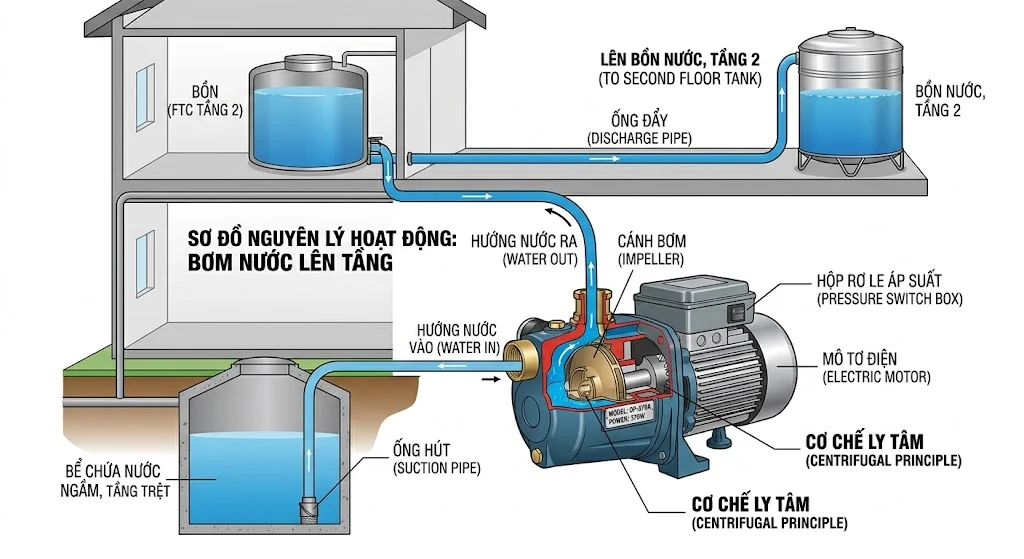 Sơ đồ lắp đặt máy bơm đúng