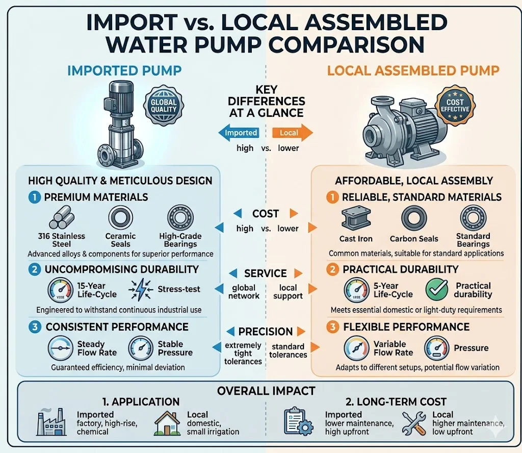 So sánh máy bơm nhập khẩu nguyên chiếc vs bơm lắp ráp