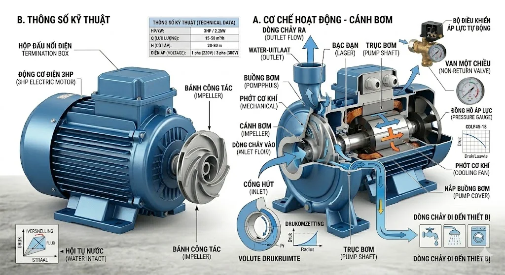 Nguyên lý hoạt động của máy bơm nước này