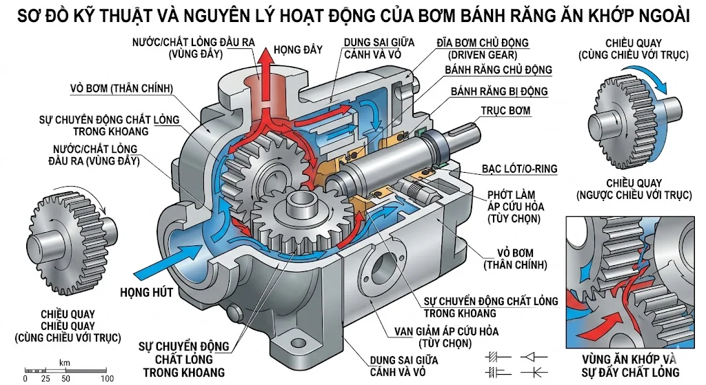 Nguyên lý hoạt động của bơm bánh răng