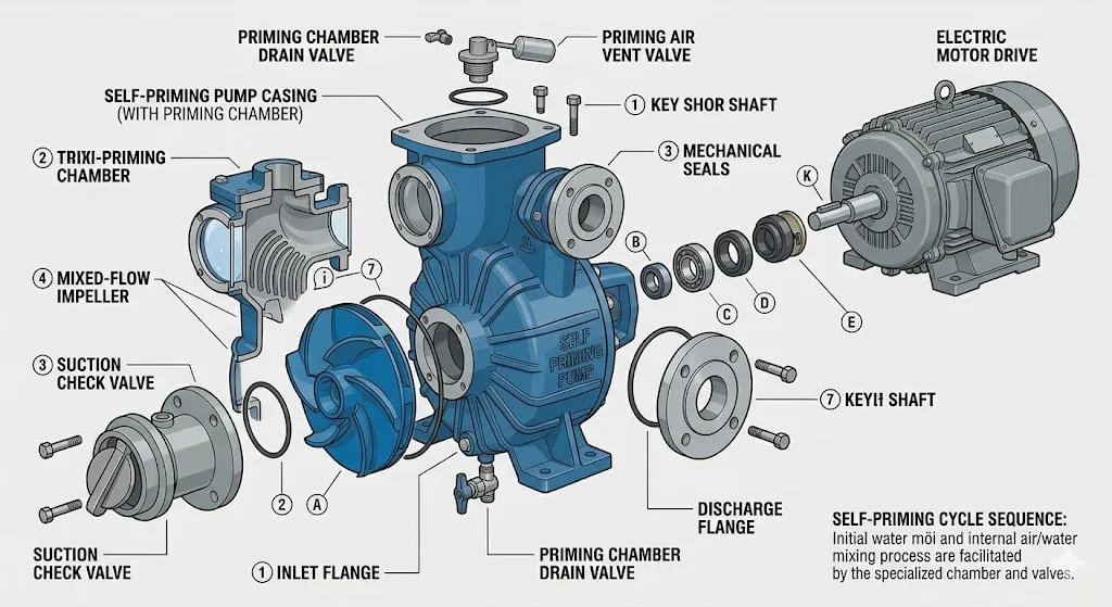Cấu tạo của máy bơm tự mồi