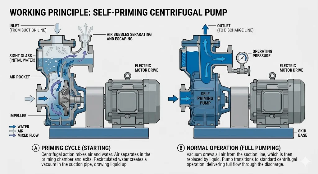 Nguyên lý hoạt động của máy bơm tự mồi