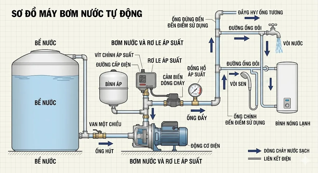 Tổng quan ngoại hình một sơ đồ máy bơm nước