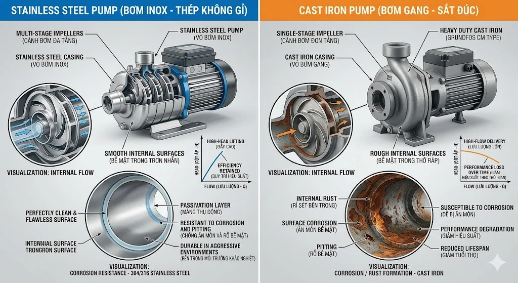 So sánh bơm SSP với bơm gang/thép thường