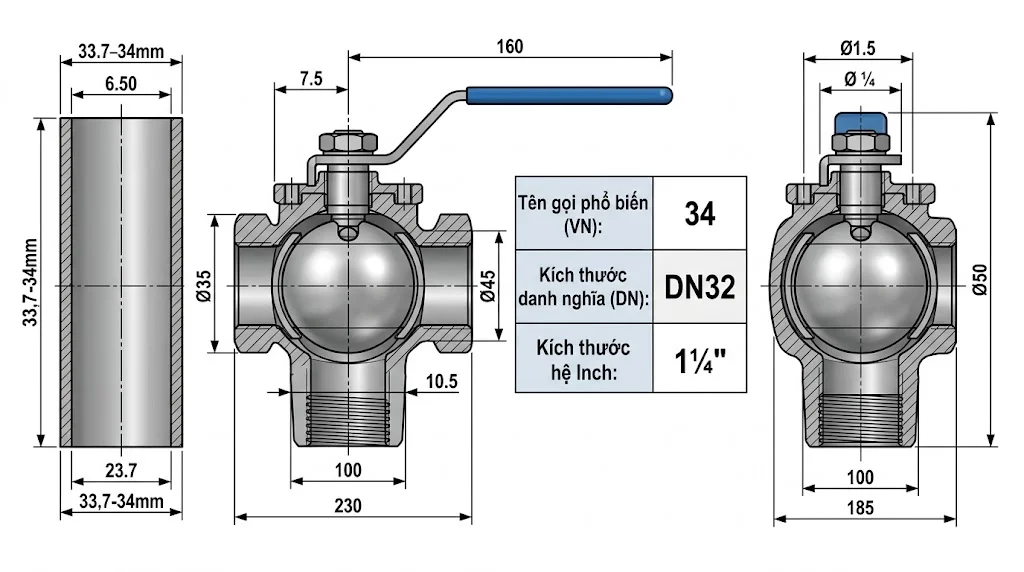 Kích thước van inox