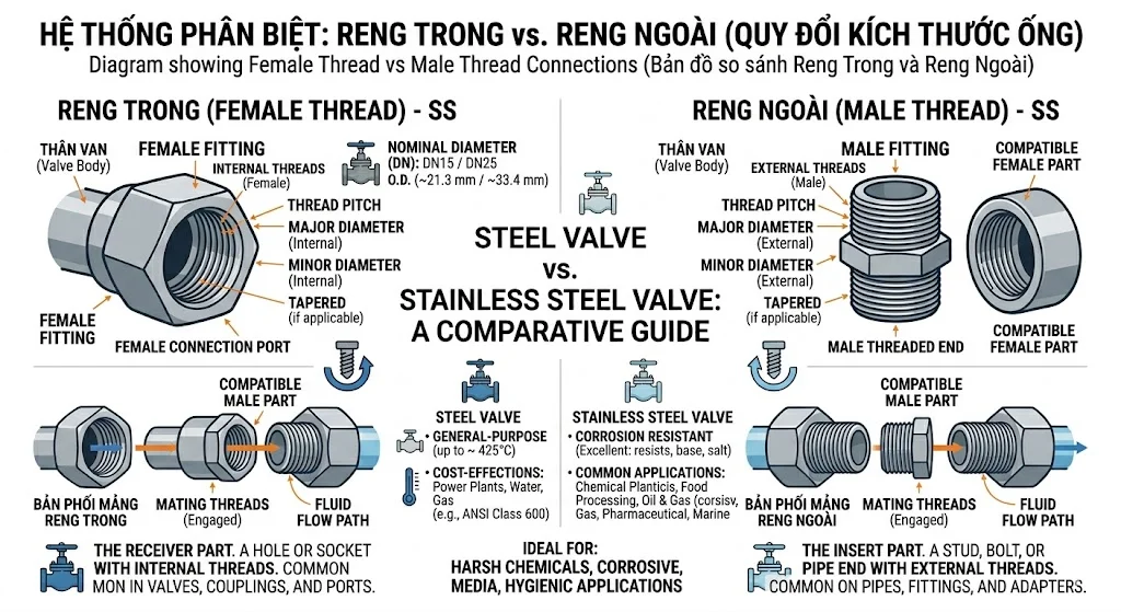 So sánh van ren trong và van ren ngoài