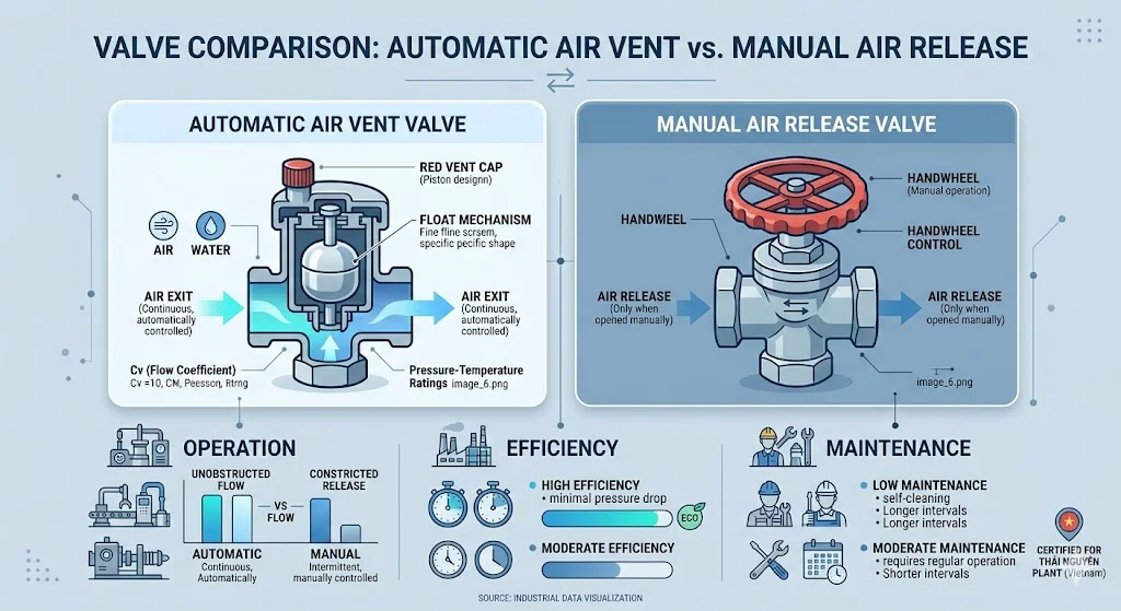 So sánh van xả khí tự động vs xả khí thủ công