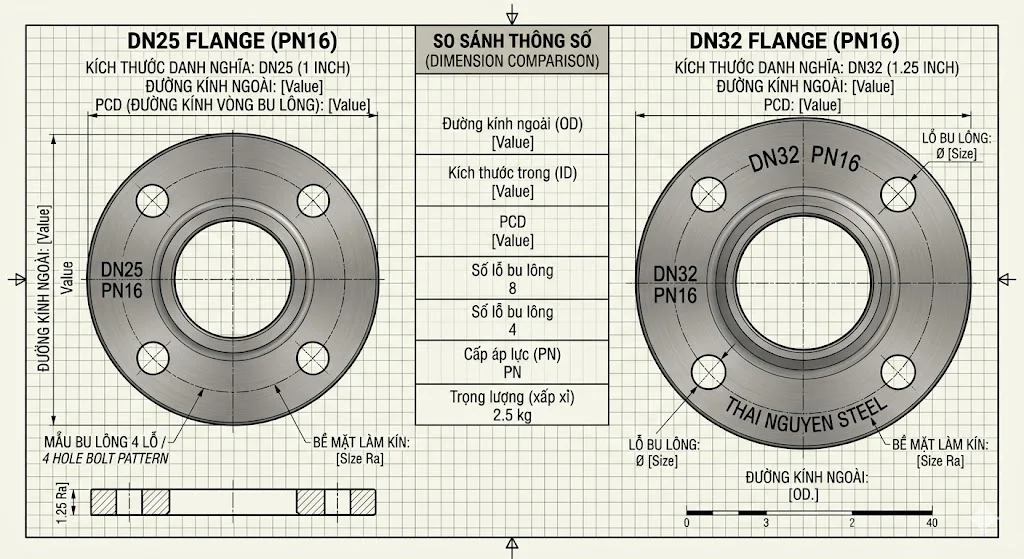 So Sánh Sự Khác Biệt Giữa DN25 Và DN32 Flange
