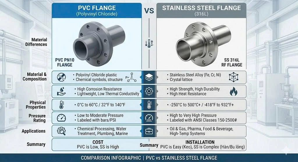 So sánh mặt bích nhựa PVC và mặt bích kim loại