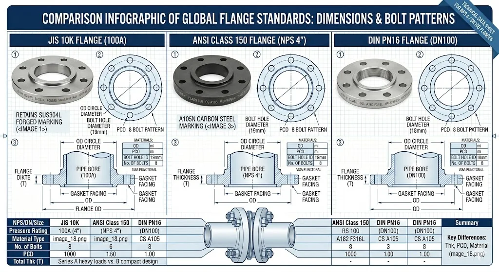 So Sánh JIS Flange 10K Với ANSI Class 150 Và DIN PN16