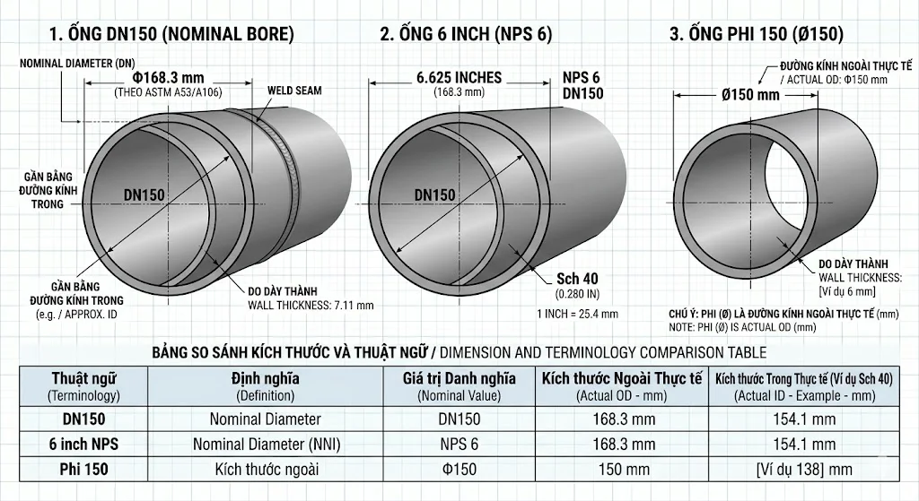 So Sánh DN150 Với Phi 150 Và 6 Inch