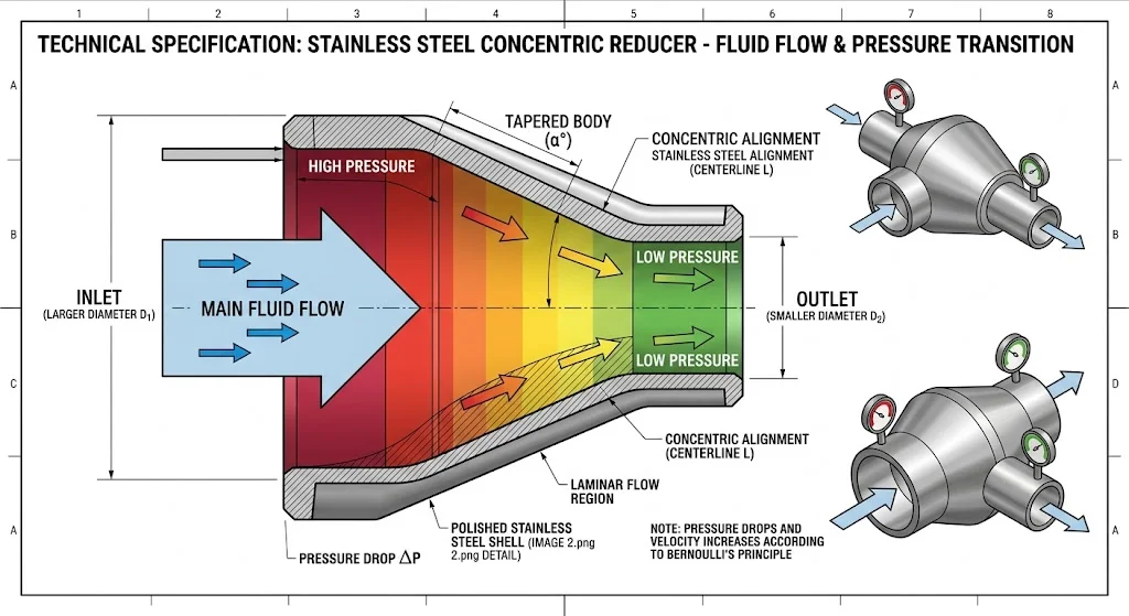 Nguyên lý hoạt động của côn thu đồng tâm inox